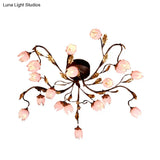 Metal Dark Brown Lotus Semi Flush Led Ceiling Lamp - Ideal For Study Room 20 Bulbs American Garden