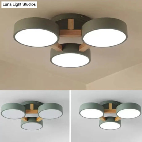 Metal Drum Semi Flush Mount Ceiling Lamp With 3 Macaron Loft Heads For Living Room