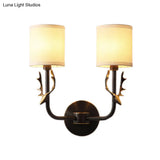 Metal Elk Sconce Lighting - Rustic Wall Mounted Lamp In Black/Gold With Fabric Shade