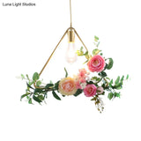 Metal Gold Ceiling Pendant With Artificial Flower: Industrial Hanging Light Fixture Frame Options
