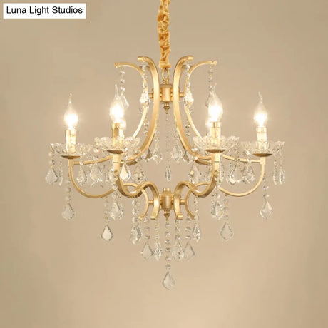 Metal Gold Plated Chandelier: Antique Style Hanging Ceiling Light With Crystal Draping