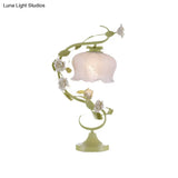 Metal Green Nightstand Lamp - Floral Design 1 Bulb Countryside Bedroom Lighting