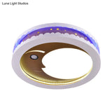 Metal Led Music Ceiling Light For Bedrooms: Hollow Crescent Design (Pink/Blue/Navy)