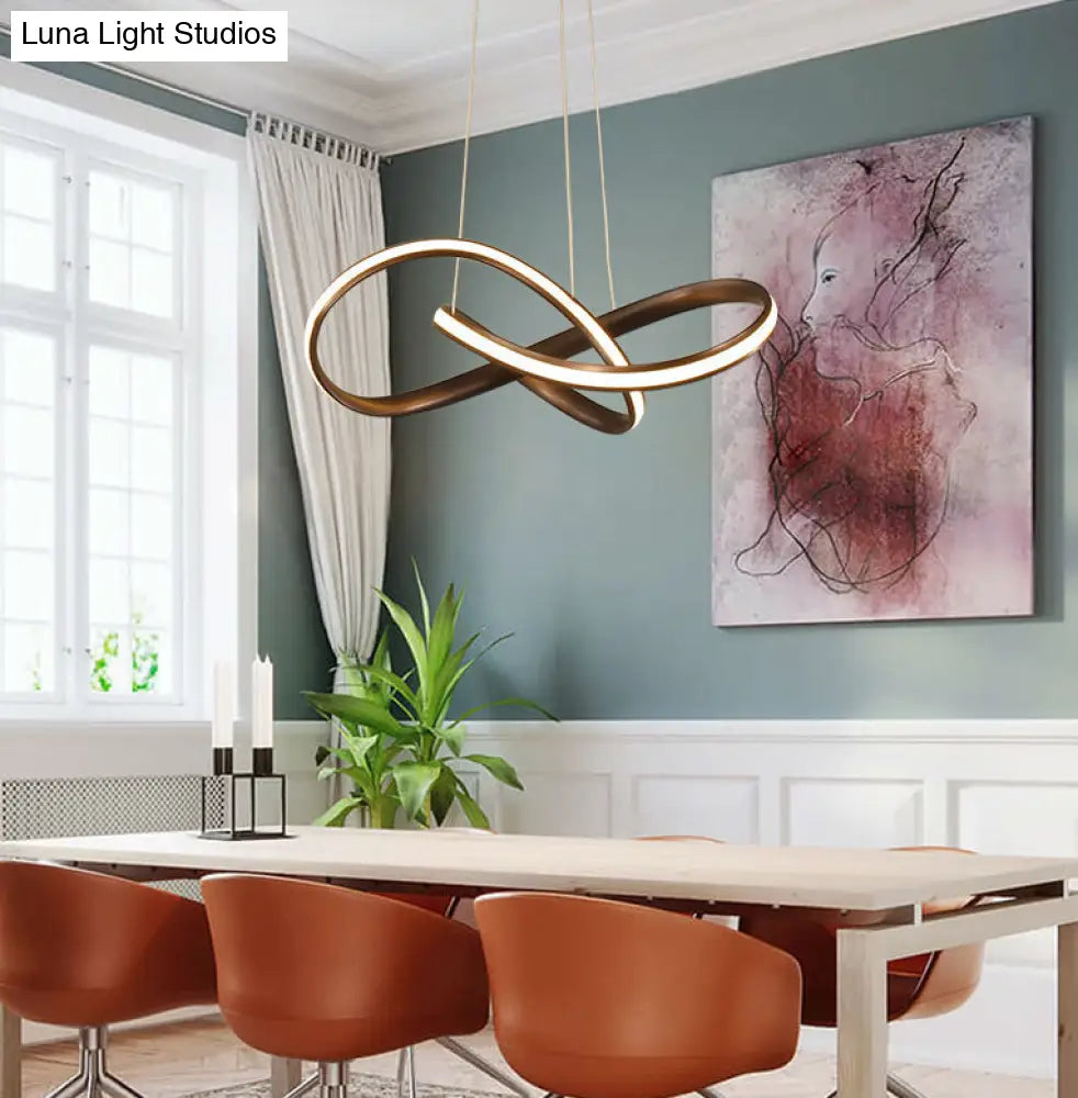 Metal Led Pendant Lamp - Twisted Strip Design For Bedroom Chandelier In Coffee Color