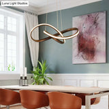 Metal Led Pendant Lamp - Twisted Strip Design For Bedroom Chandelier In Coffee Color