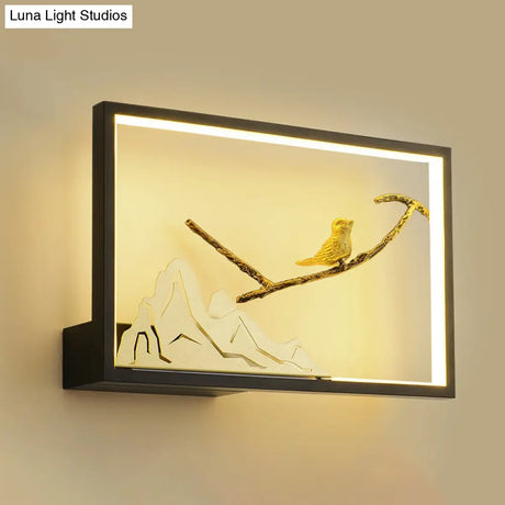 Metal Oriental Style Led Wall Light With Bird And Mountain Mural In Black