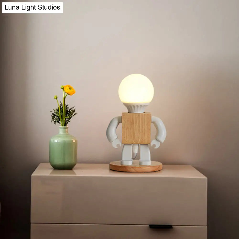 Metal Robot Shaped Nightstand Lamp - Cartoon Design 1 Light White & Wood Bedside Table