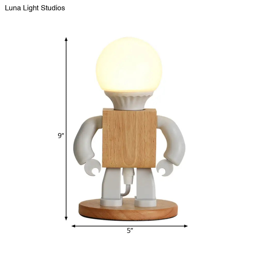 Metal Robot Shaped Nightstand Lamp - Cartoon Design 1 Light White & Wood Bedside Table