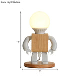 Metal Robot Shaped Nightstand Lamp - Cartoon Design 1 Light White & Wood Bedside Table