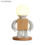 Metal Robot Shaped Nightstand Lamp - Cartoon Design 1 Light White & Wood Bedside Table