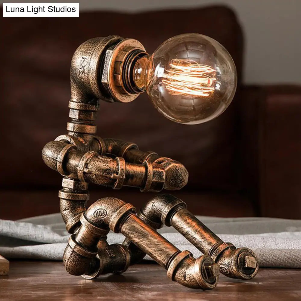 Metal Robot Table Light In Brass - Antique Finish 1 Head Nightstand Lamp For Coffee House