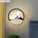 Metal Round Led Black Wall Lamp Sconce With Modernist Deer Girl Eagle And Windmill Design - Perfect