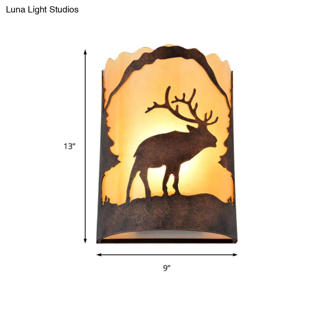 Metal Rust Wall Sconce Lamp With Fabric Shade - 1-Light Half Cylinder Design Country Style Mounted