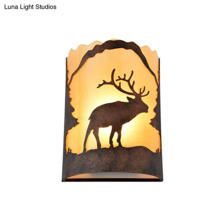 Metal Rust Wall Sconce Lamp With Fabric Shade - 1-Light Half Cylinder Design Country Style Mounted