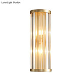 Metal Sconce Lighting: Modern Stylish 2-Light Cylinder Wall Fixture In Gold With Crystal Pipe