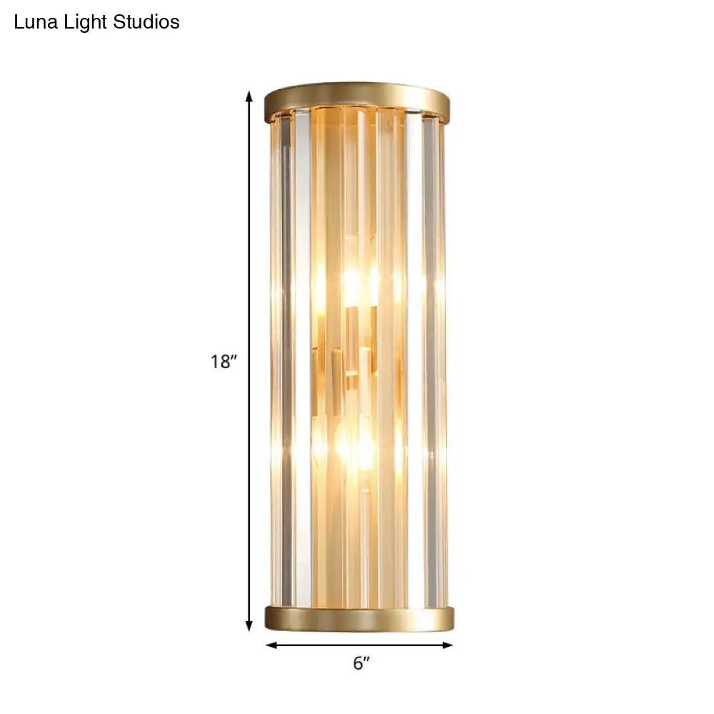 Metal Sconce Lighting: Modern Stylish 2-Light Cylinder Wall Fixture In Gold With Crystal Pipe