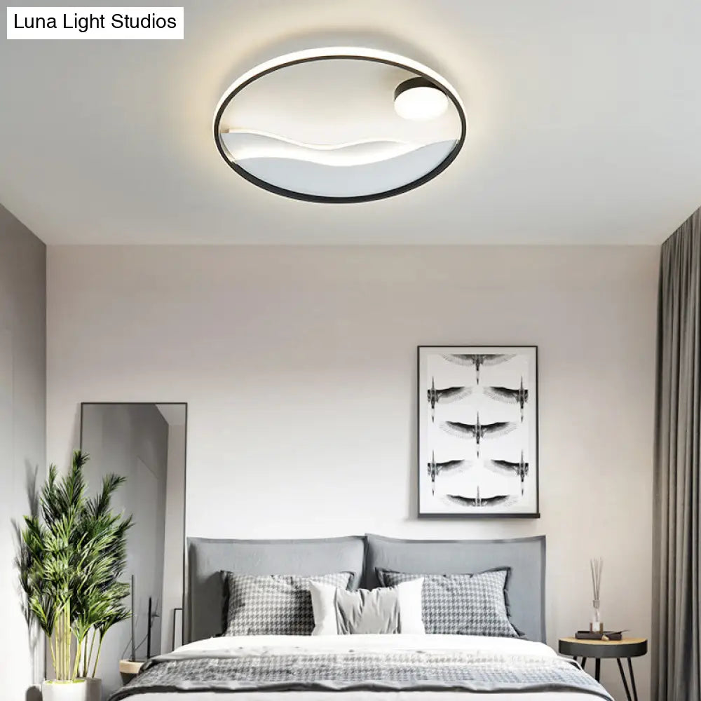Metal Sunset & Sea Led Ceiling Light With Halo Ring For Bedroom Flush Mounting