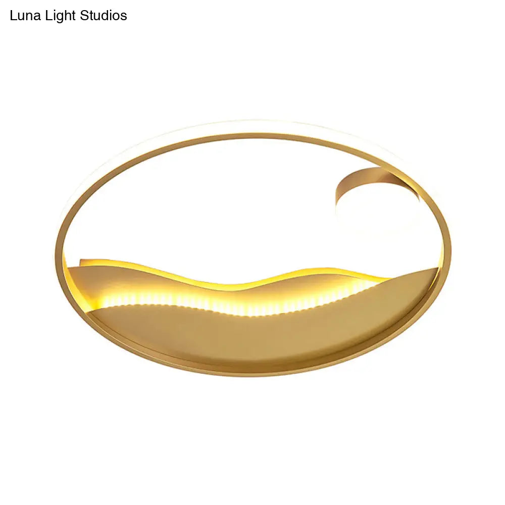 Metal Sunset & Sea Led Ceiling Light With Halo Ring For Bedroom Flush Mounting