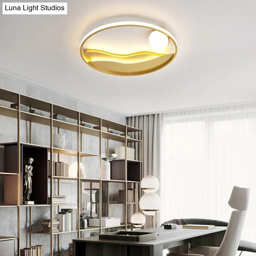 Metal Sunset & Sea Led Ceiling Light With Halo Ring For Bedroom Flush Mounting