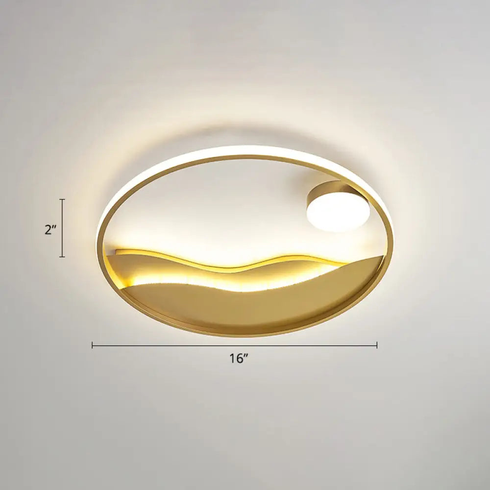 Metal Sunset & Sea Led Ceiling Light With Halo Ring For Bedroom Flush Mounting Gold / 16’ Third Gear