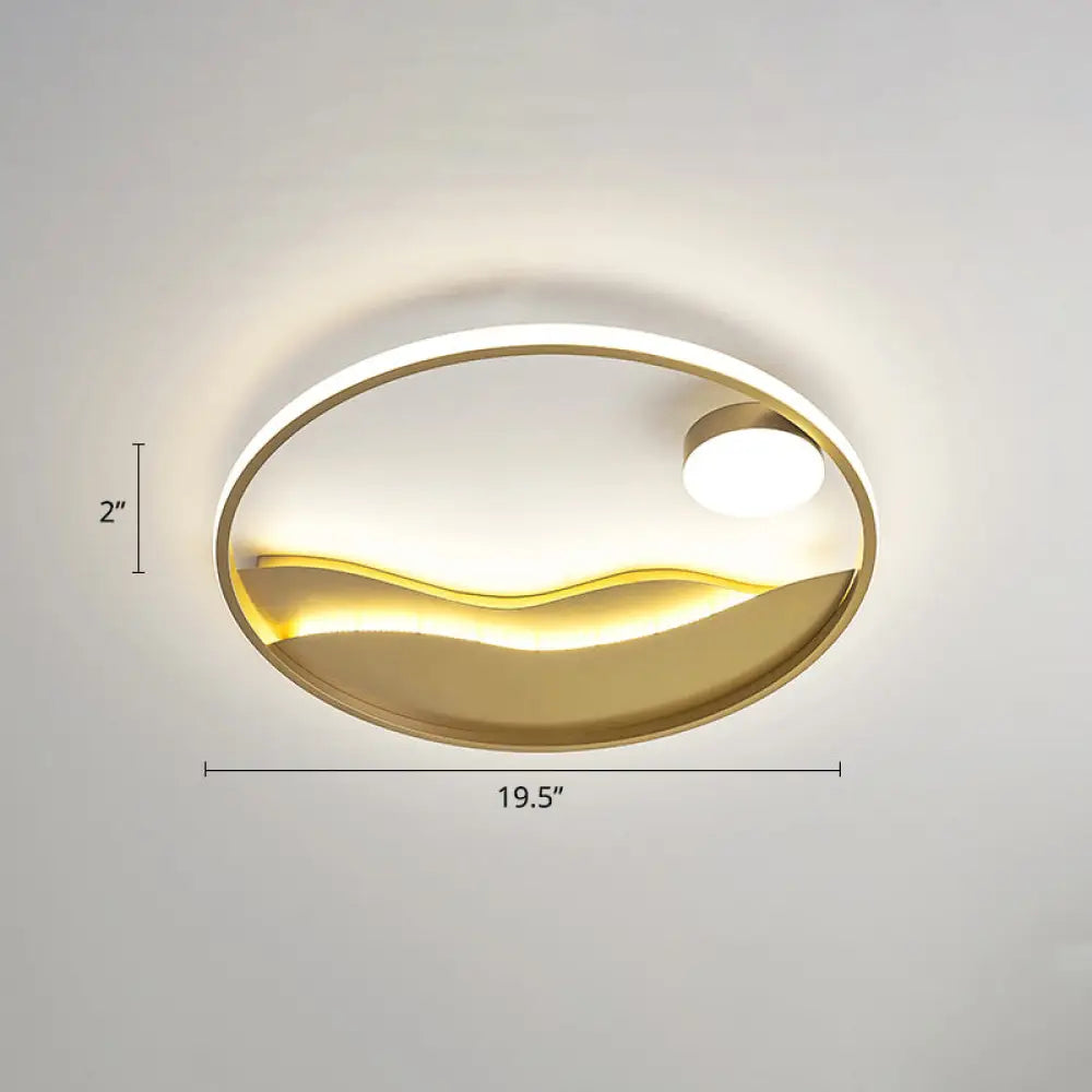 Metal Sunset & Sea Led Ceiling Light With Halo Ring For Bedroom Flush Mounting Gold / 19.5’
