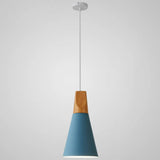 Metal Tapered Hanging Light - Nordic Style 1-Light Restaurant Pendant Lamp With Wooden Top Blue /