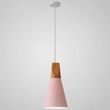 Metal Tapered Hanging Light - Nordic Style 1-Light Restaurant Pendant Lamp With Wooden Top Pink /