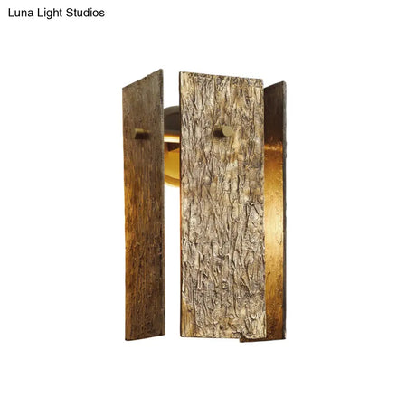 Metal Wall Mounted Bedroom Light - Rectangular Colonial 1 Bulb Fixture In Gold With Bark Texture