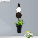 Metal Wall Sconce With Lodge Style Pot Decoration | 1-Light Black Exposed Bulb Restaurant Lighting
