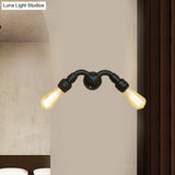 Metallic Black Vintage Bare Bulb Wall Sconce With Pipe Design - 2 Head Indoor Lamp