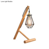 Metallic Caged Table Lamp - Industrial Style 1 Light Beige With Wooden Base For Living Room