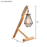 Metallic Caged Table Lamp - Industrial Style 1 Light Beige With Wooden Base For Living Room