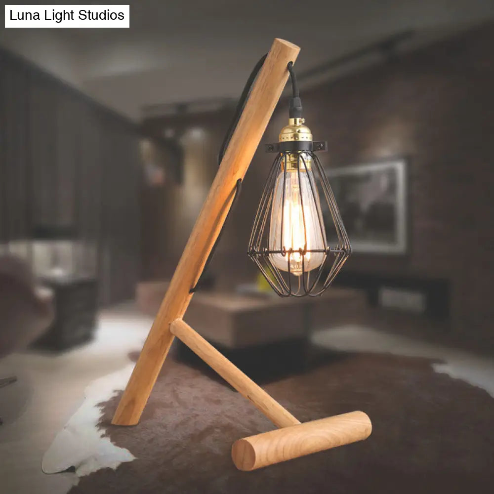 Metallic Caged Table Lamp - Industrial Style 1 Light Beige With Wooden Base For Living Room