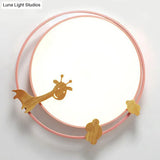 Metallic Cartoon Led Flush Mount For Kids Bedroom With Wooden Decor