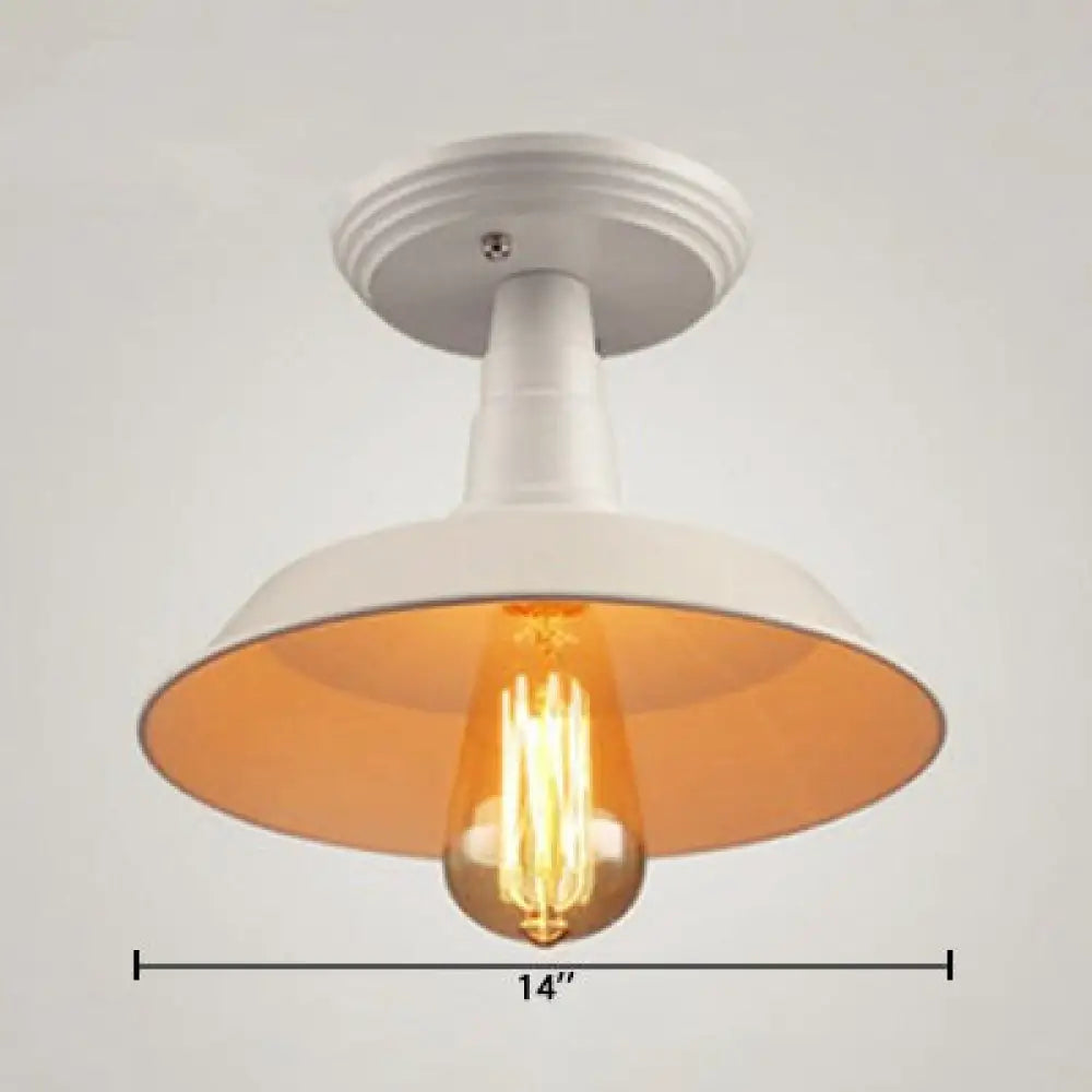 Metallic Ceiling Mounted Industrial Light With White Barn Shade - Semi Mount 10/14 Width