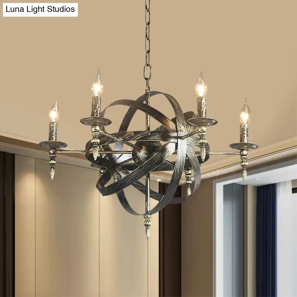 Metallic Chandelier With Spherical Cage Shade - Vintage 6/8 Head Ceiling Light For Restaurants In
