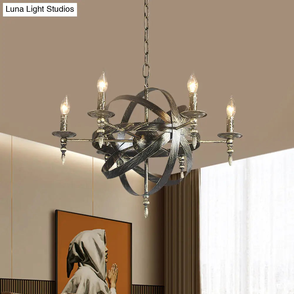 Metallic Chandelier With Spherical Cage Shade - Vintage 6/8 Head Ceiling Light For Restaurants In