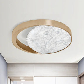 Metallic Gold Led Round Flush Mount Light Fixture With Marble Design For Balcony