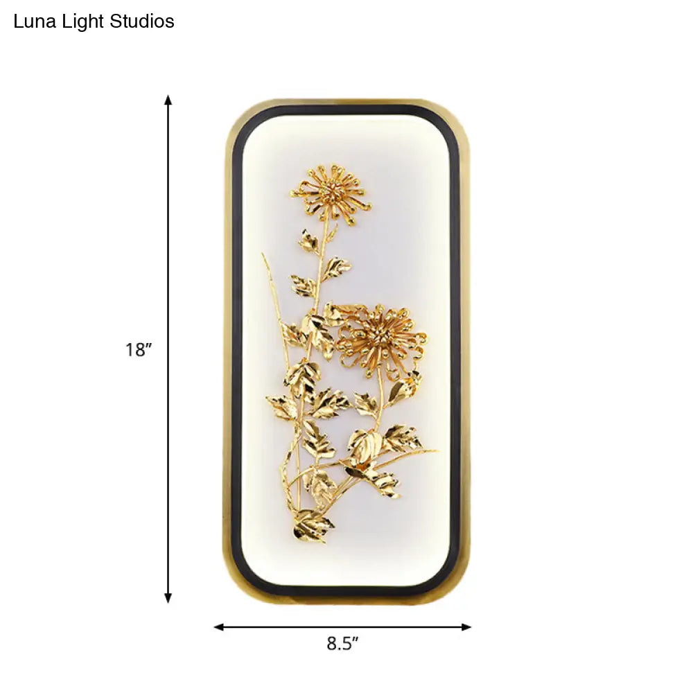 Metallic Gold Led Wall Mounted Light Fixture - Oriental Style Plum Blossom Mural Design