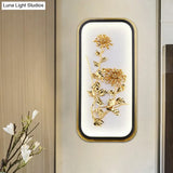 Metallic Gold Led Wall Mounted Light Fixture - Oriental Style Plum Blossom Mural Design