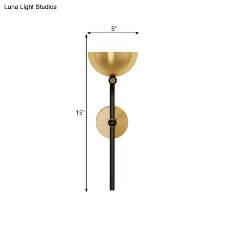 Metallic Hemisphere Wall Sconce With Orb White Glass Shade In Brass/Black And Gold - Traditional