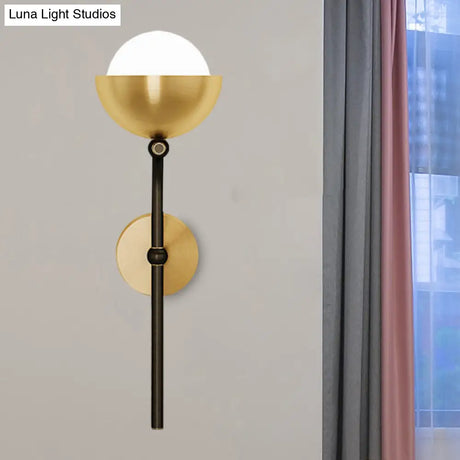 Metallic Hemisphere Wall Sconce With Orb White Glass Shade In Brass/Black And Gold - Traditional