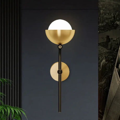 Metallic Hemisphere Wall Sconce With Orb White Glass Shade In Brass/Black And Gold - Traditional