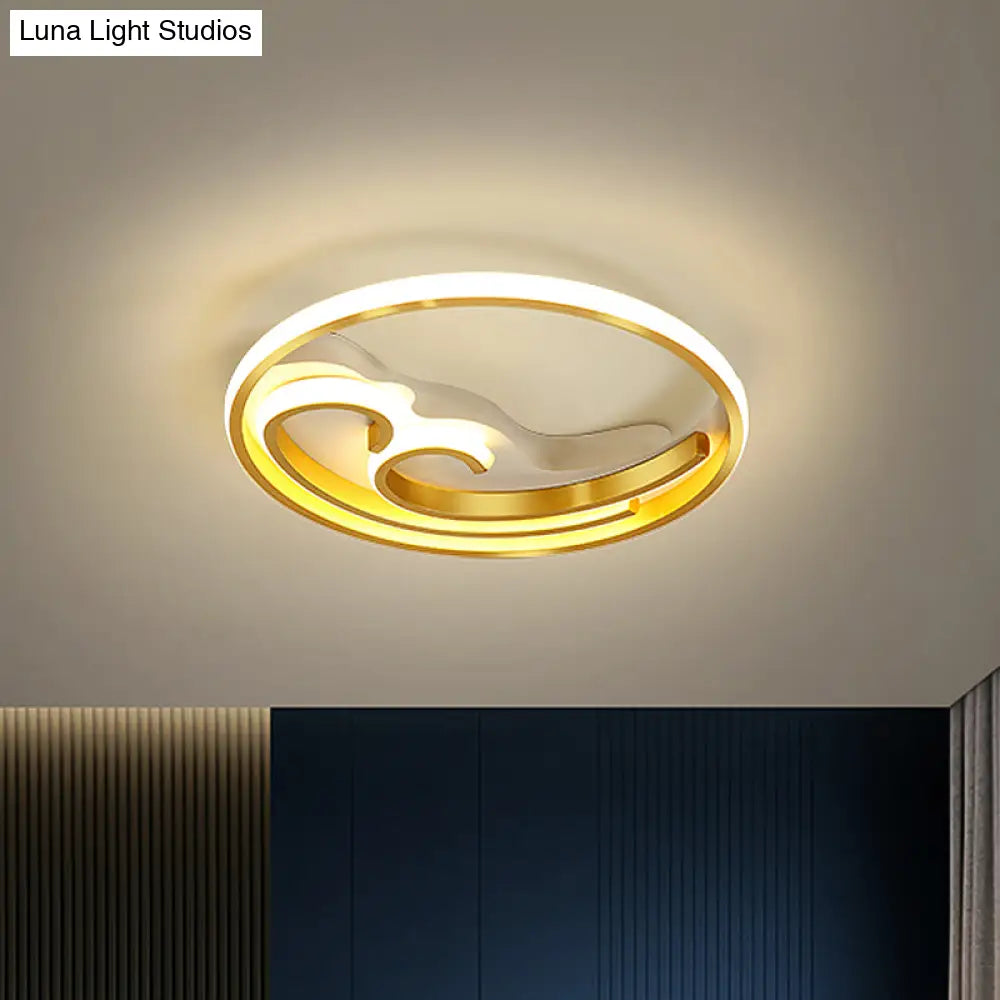 Metallic Led Nordic Flush Light Fixture - Waves Bedroom Semi Mount Lighting In Gold/Black - Gold