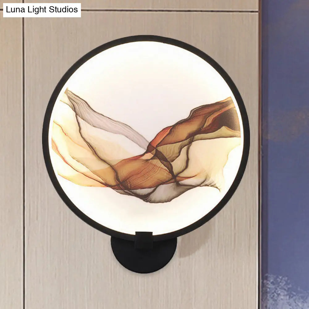 Metallic Led Wall Sconce Light - Brown/Purple Line Art Mural Lighting Asian Style For Bedroom