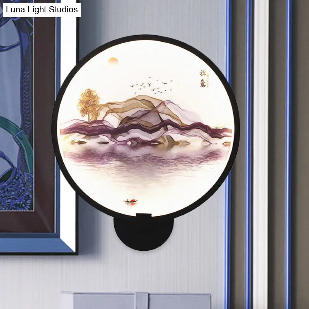 Metallic Led Wall Sconce Light - Brown/Purple Line Art Mural Lighting Asian Style For Bedroom