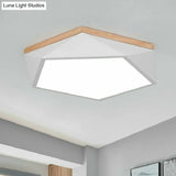 Metallic Macaron Led Flush Ceiling Light With Faceted Pentagon Design And Wooden Canopy White /