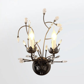 Metallic Wall Mounted Candle Sconce With Crystal Accent - 2 Head Black Lighting Fixture