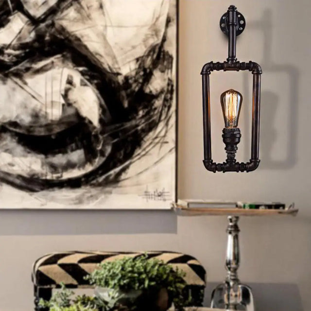 Metallic Water Pipe Industrial Wall Sconce - 1 Light Rectangle Lamp For Living Room In Black