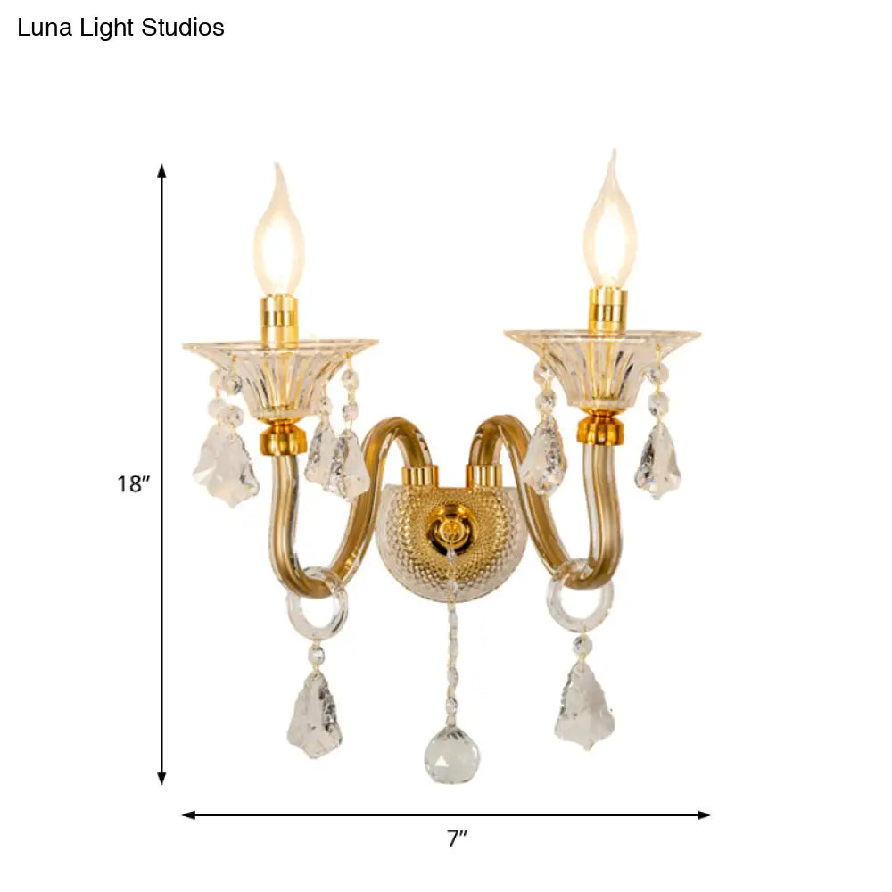 Mid-Century 1/2 Lights Wall Sconce With Brass Candle Design And Crystal Shade